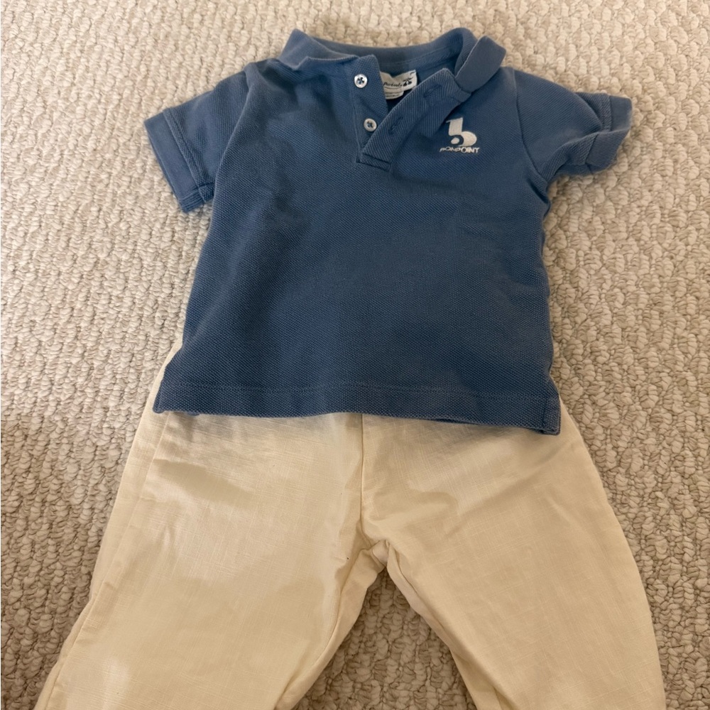 Bonpoint Blue Polo and Cream Pants Set